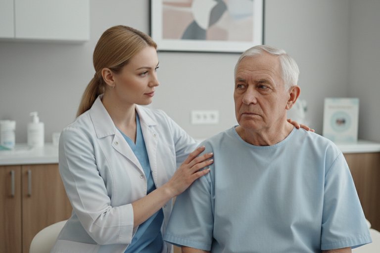 Врач утешает пациента в клинике